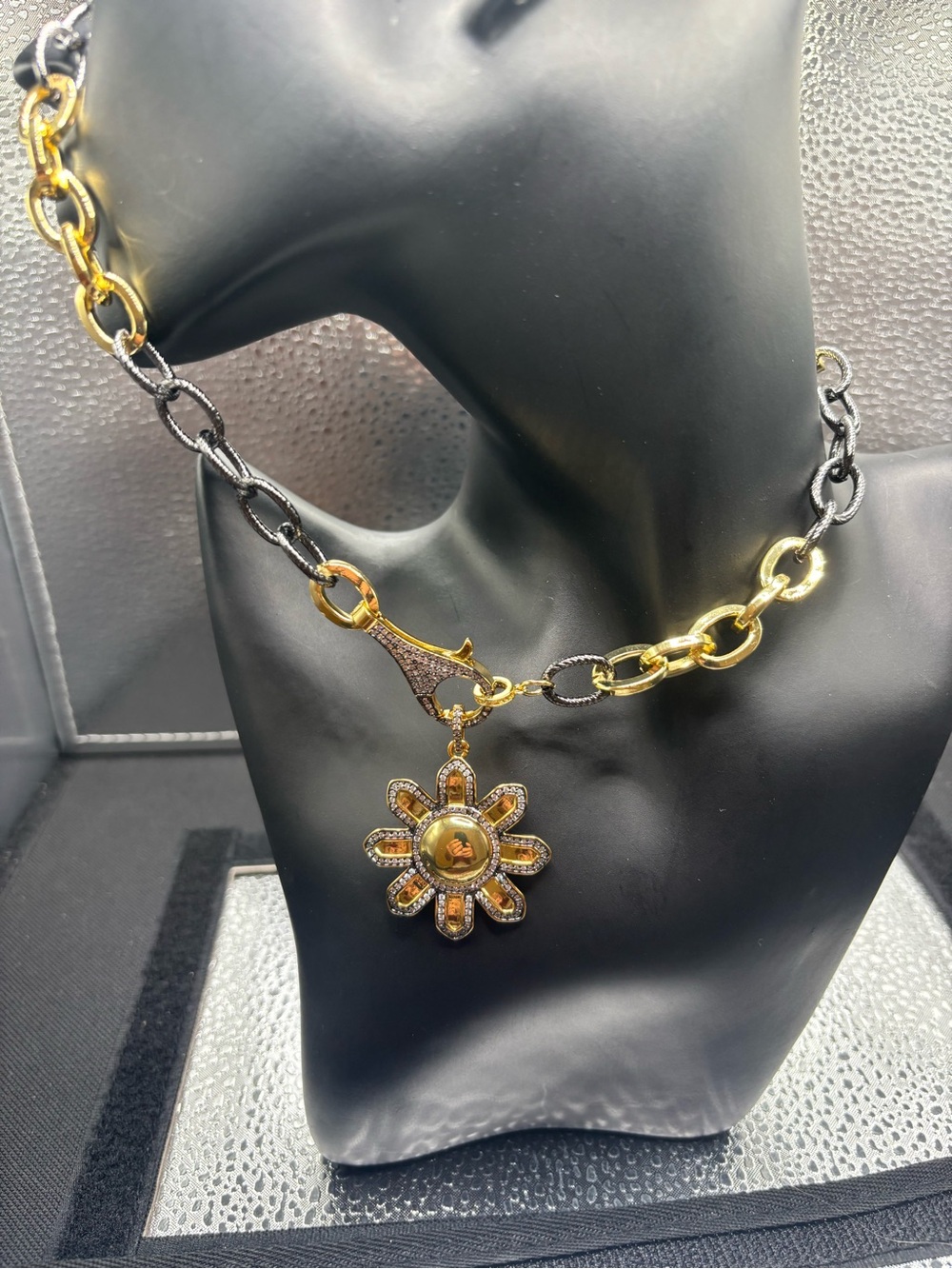 Two-Tone Gold and Black Flower Pendant Necklace